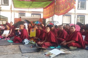 Followers of Jonang tradition sit in protest outside the Tibetan Parliament-in-exile in Dharamshala, India, on 18 September 2015. They are demanding recognition of Janang as one of the sects of Tibetan Buddhism.
