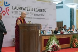 His Holiness the Dalai Lama speaking at the Laureates and Leaders for Children Summit in New Delhi, India on December 10, 2016. Photo/Tenzin Choejor/OHHDL